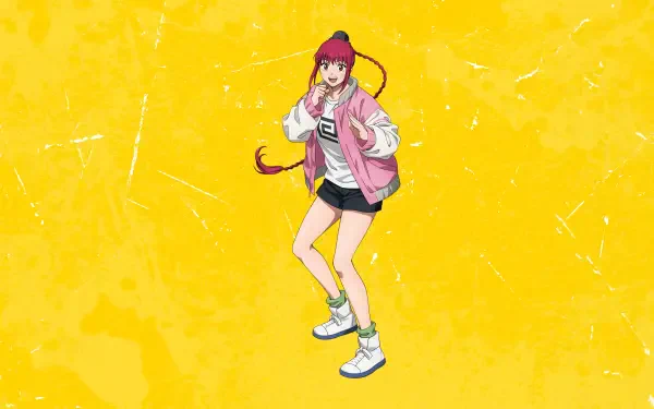 4K Ultra HD PC desktop wallpaper: Sakamoto Days character in a pink jacket with braided hair standing against a textured bright yellow background.