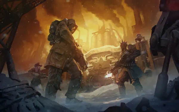 Wasteland 3: The Battle of Steeltown video game 4K Ultra HD PC wallpaper — two armored survivors with rifles stand in a snowy, ruined steelworks bathed in an orange, smoky glow.