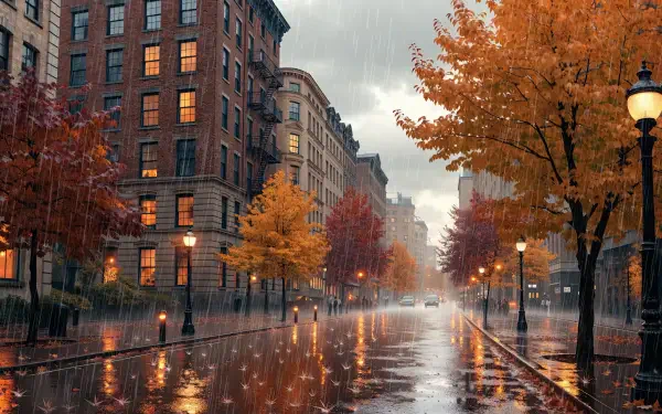 2K Quad HD PC desktop wallpaper: rainy fall/autumn street scene — wet pavement reflecting orange trees, brick buildings and lampposts under steady rain.