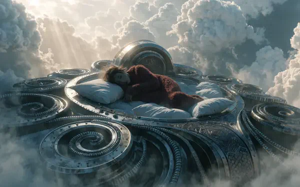 Sleepcore spaceship scene: a sleeping figure curled on a cushioned nest atop a circular starship drifting through sunlit clouds — 4K Ultra HD science fiction PC desktop wallpaper