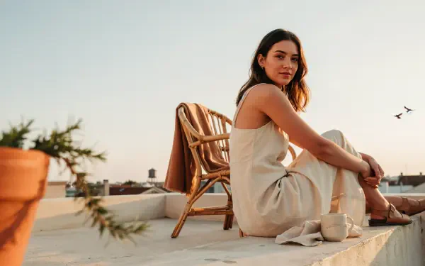 Woman seated on a rooftop at sunset beside a wicker chair, warm tones and minimalist skyline — 4K Ultra HD PC desktop wallpaper and background.