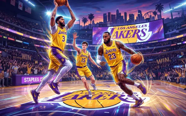 5K Ultra HD PC desktop wallpaper showing three Los Angeles Lakers basketball players in yellow uniforms driving to the hoop in a packed arena.