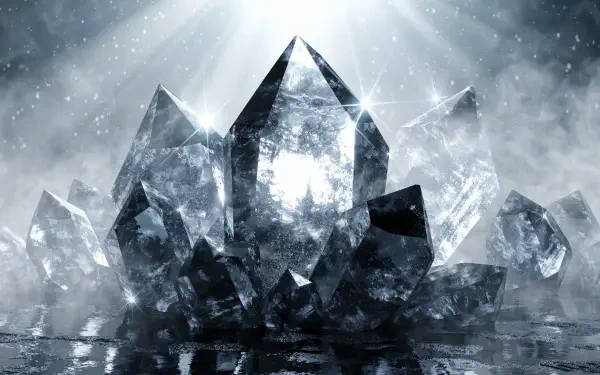 Crystal gemstone cluster with radiant beams, mist and reflective water, 2K Quad HD PC desktop wallpaper and background.