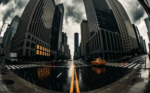 Panorama 4K Ultra HD PC Desktop Wallpaper and Background — fisheye city intersection with wet reflective streets, towering skyscrapers, dramatic clouds and a lone yellow taxi.