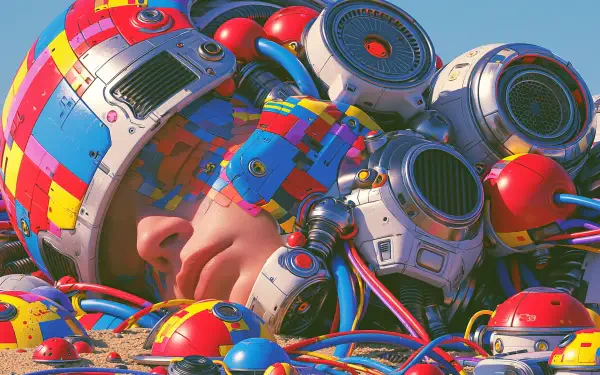 Artistic science fiction helmet and human face entwined with colorful mosaic panels, cables and hovering modules — vibrant 2K Quad HD PC desktop wallpaper.