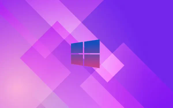 Windows 11 Microsoft 4K Ultra HD PC desktop wallpaper: translucent Windows logo centered on layered purple and pink geometric light panels.