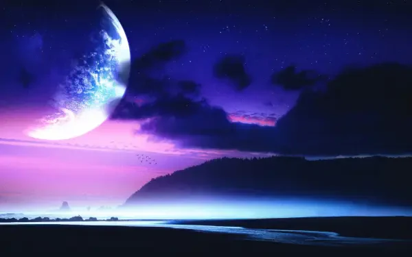 4K Ultra HD PC desktop wallpaper: mist-shrouded shoreline under a purple sky with a giant planet rising above the horizon.