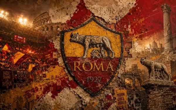 A.S. Roma crest and she-wolf over a weathered Rome collage with Colosseum and cheering fans in red and yellow — 4K Ultra HD PC desktop wallpaper/background.