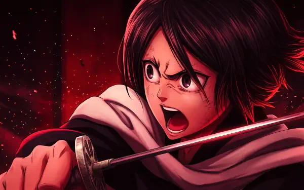 5K Ultra HD PC desktop wallpaper and background: fierce anime fighter with dark hair and cloak, sword raised, shouting against a blood-red, star-speckled backdrop.
