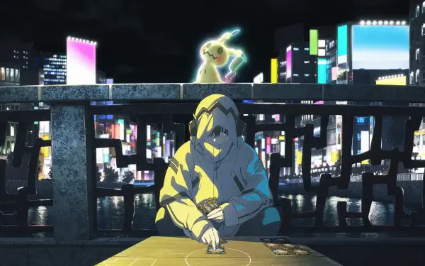 4K Ultra HD PC desktop wallpaper/background: Pokémon Mimikyu glowing above a neon city bridge at night as a hooded figure crouches by the railing.