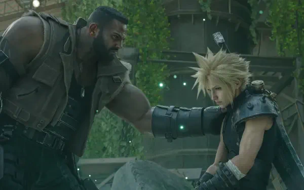 Final Fantasy VII Rebirth 4K Ultra HD PC wallpaper: Barret steadies a kneeling Cloud amid overgrown ruins as green motes drift around them.