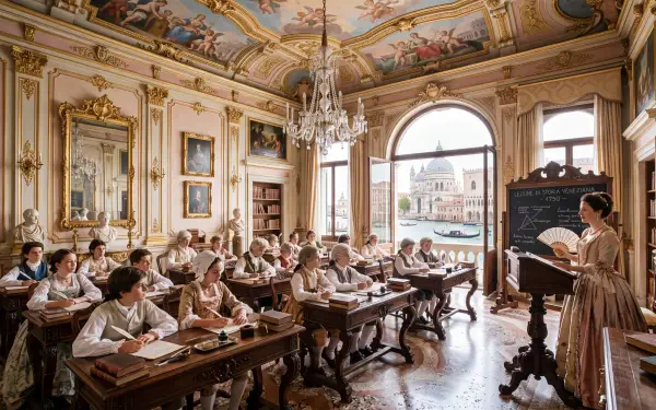 5K Ultra HD PC desktop wallpaper of a school aesthetic classroom: a Teacher instructs rows of Students at wooden desks beneath ornate ceilings and arched windows.