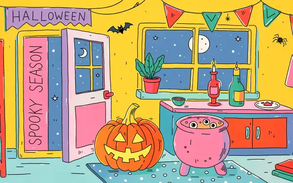 4K Ultra HD PC desktop wallpaper background: bright Halloween spooky season scene with a grinning carved pumpkin, bubbling pink cauldron, moonlit window, bats and festive bunting.
