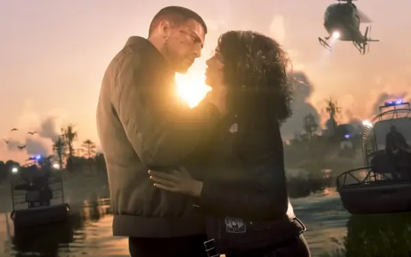 Grand Theft Auto VI 4K Ultra HD PC wallpaper: Jason and Lucia embrace on a sunset waterfront while helicopters and police boats approach.
