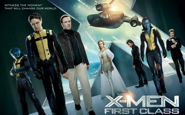HD desktop wallpaper featuring characters from X-Men: First Class, including Magneto, Charles Xavier, Emma Frost, Beast, and Mystique against a dramatic backdrop.