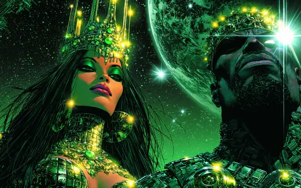 2K Quad HD PC desktop wallpaper of royal king and queen, a regal woman and man in jeweled crowns against a glowing green cosmic backdrop.