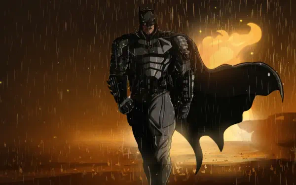 Digital art of Batman, the superhero, walking through rain with cape billowing and a glowing bat-symbol behind — 5K Ultra HD PC desktop wallpaper and background.