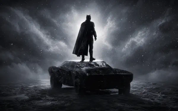 Dark 4K Ultra HD PC desktop wallpaper/background: Batman silhouette standing on a battered Batmobile beneath stormy skies, evoking a contemporary cinematic actor's portrayal.