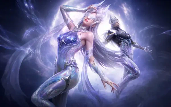 Once Human video game 5K Ultra HD PC desktop wallpaper and background: two ethereal silver-armored figures — a flowing-haired female and a masked companion — bathed in lunar cosmic light.