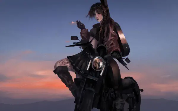 4K Ultra HD PC desktop wallpaper: girl biker perched on a motorcycle at dusk, warm sunset sky casting orange and purple hues.