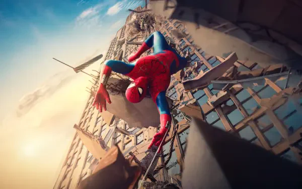 5K Ultra HD PC desktop wallpaper: Spider-Man in red-and-blue suit clings to a skyscraper edge, city receding below and a plane passing, dramatic sunlit high-detail action shot.