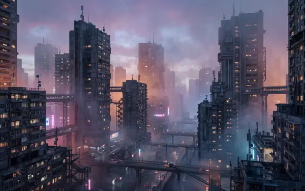 5K Ultra HD PC desktop wallpaper: moody concrete jungle cityscape with towering skyscrapers and layered skyline, neon lights and mist over bridges and waterways.