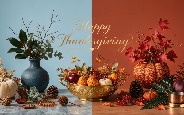 Aesthetic Thanksgiving still life 4K UHD desktop wallpaper: split blue and rust backdrop with pumpkins, gourds, autumn leaves, pinecones and a Happy Thanksgiving script.