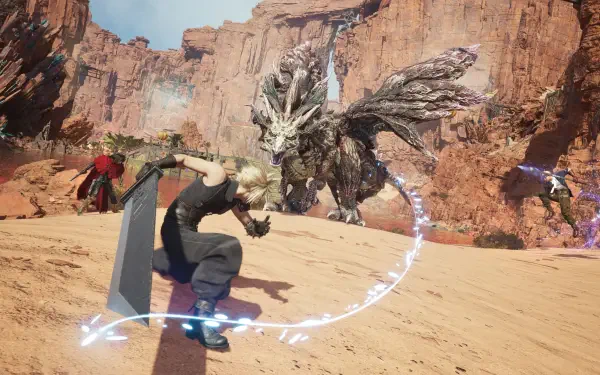 4K Ultra HD PC desktop wallpaper of video game Final Fantasy heroes Cloud Strife, Vincent Valentine and Cid Highwind fighting a towering beast in a sunlit desert canyon.