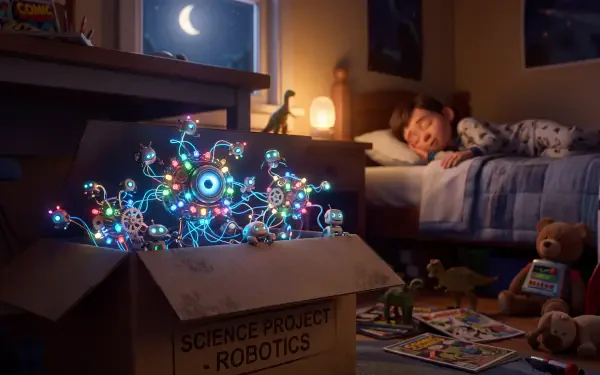 5K Ultra HD PC desktop wallpaper/background of a toy science robotics kit glowing with neon circuits spilling from a box on the bedroom floor as a child sleeps.