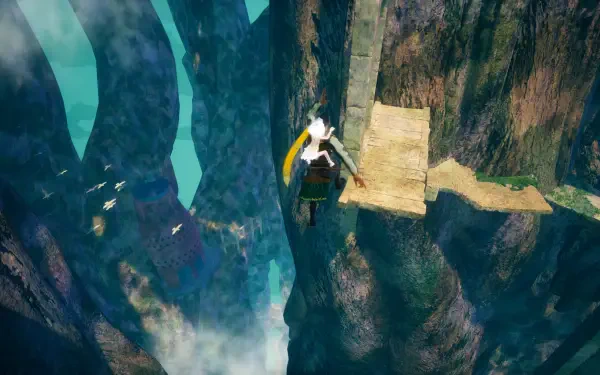 4K Ultra HD PC desktop wallpaper Where the Seeds Fall — a lone glider sails between towering canyon cliffs toward a rickety wooden bridge above swirling mist.