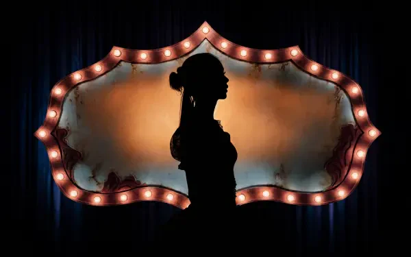 Silhouette of a woman on stage before an illuminated marquee, CLICK tag visible; 4K Ultra HD PC desktop wallpaper/background.