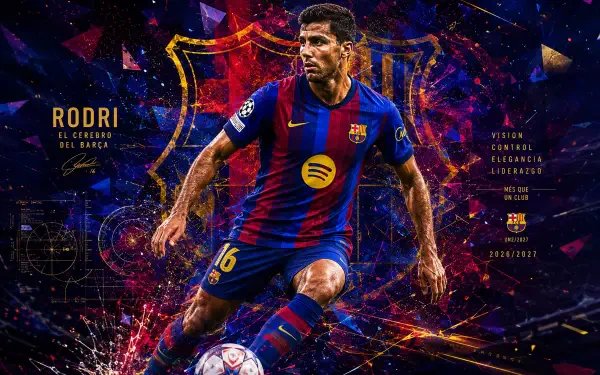 4K desktop wallpaper of a soccer player in FC Barcelona kit sprinting with the ball amid dynamic, explosive neon graphic effects.
