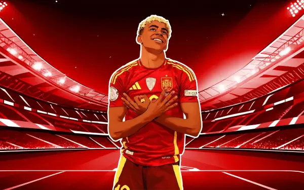 4K PC desktop wallpaper: stylized depiction of a Spanish soccer star in a red national kit, arms crossed in celebration against a dramatic, illuminated stadium backdrop.