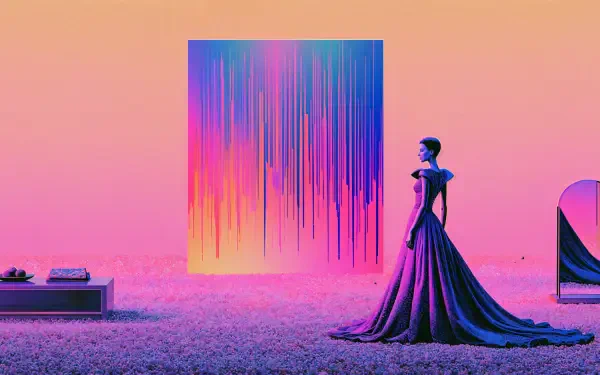 4K Ultra HD PC desktop wallpaper: woman in a flowing purple fashion dress stands before a vertical luminous abstract portal on a pink-orange background.