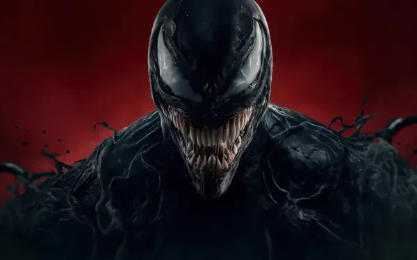 Digital art 4K Ultra HD PC desktop wallpaper and background: Venom’s menacing black symbiote form with glossy white eyes, razor teeth and writhing tendrils on a blood-red backdrop.