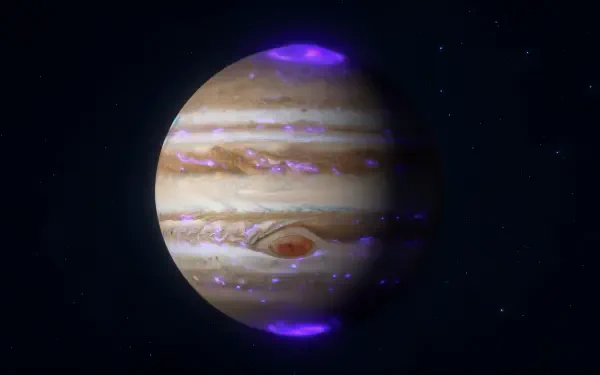 4K Ultra HD PC desktop wallpaper of Jupiter with cloud bands, the Great Red Spot, and vivid purple auroras at its poles against a starry black background.