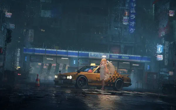 5K Ultra HD PC Desktop Wallpaper and Background: angel girl in rain beside a yellow taxi under neon lights on a wet, reflective city street.