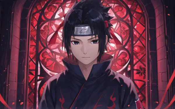 4K Ultra HD PC desktop wallpaper of Sasuke Uchiha (Naruto): solemn, dark-cloaked figure framed by a glowing red stained-glass window.
