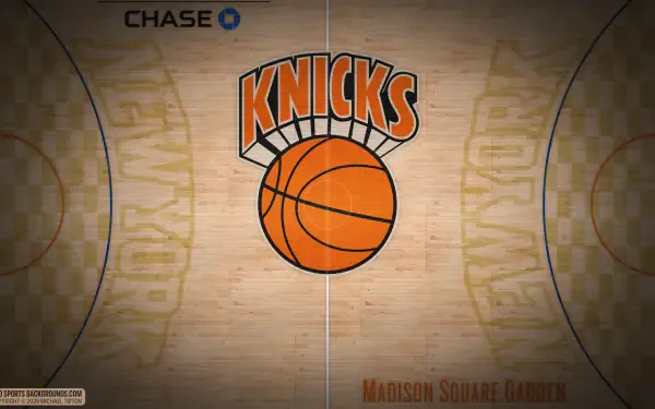 New York Knicks logo at center court on a polished NBA hardwood floor with Madison Square Garden markings — 4K Ultra HD PC desktop wallpaper/background.