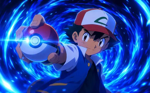 Ash Ketchum from the Pokémon anime thrusts a Poké Ball toward the viewer against a swirling blue energy vortex — 4K Ultra HD PC desktop wallpaper/background.