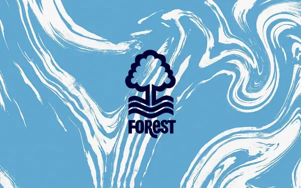 Nottingham Forest F.C. logo centered on light blue and white marbled swirls — 2K Quad HD PC desktop wallpaper/background.