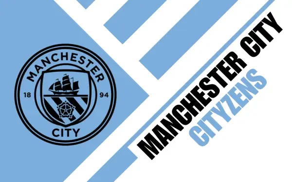 Manchester City F.C. circular logo on a blue-and-white diagonal 2K Quad HD PC desktop wallpaper, with bold MANCHESTER CITY and highlighted CITIZENS text.
