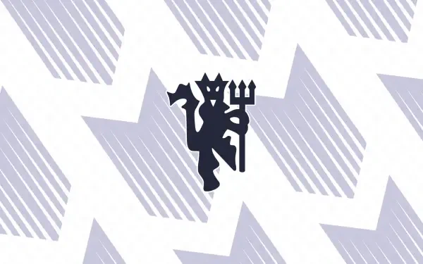 Manchester United F.C. black devil trident logo centered on white and pale gray geometric patterned 2K Quad HD PC desktop wallpaper.