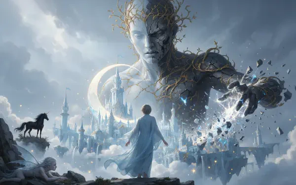 4K Ultra HD PC desktop wallpaper and background: a giant woman made of stone and vines looms over a misty fantasy city as a cloaked figure and horse stand on floating ruins.