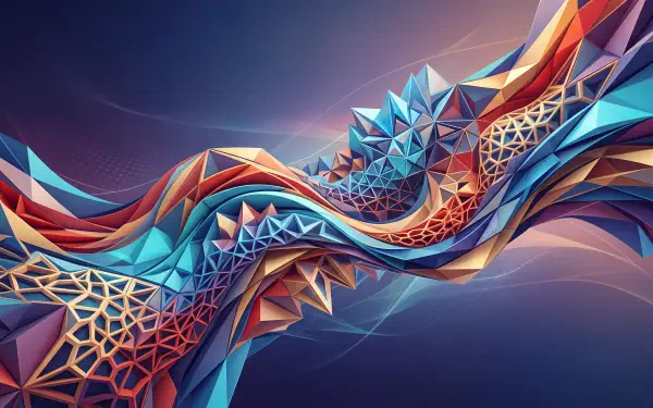 Abstract geometric polygon wave in vivid blues, oranges, and purples — 5K Ultra HD PC desktop wallpaper/background with faceted, flowing polygonal structures.