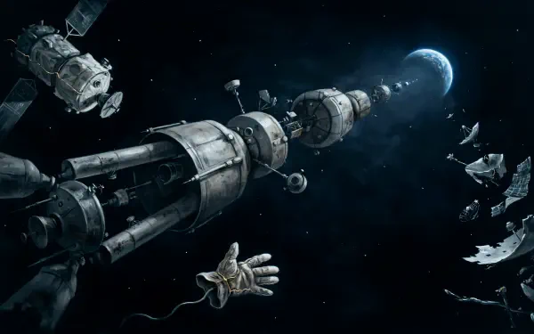 4K Ultra HD PC desktop wallpaper: a damaged space station and spacecraft surrounded by satellite fragments and space debris, an astronaut glove drifting with the moon in the distance.