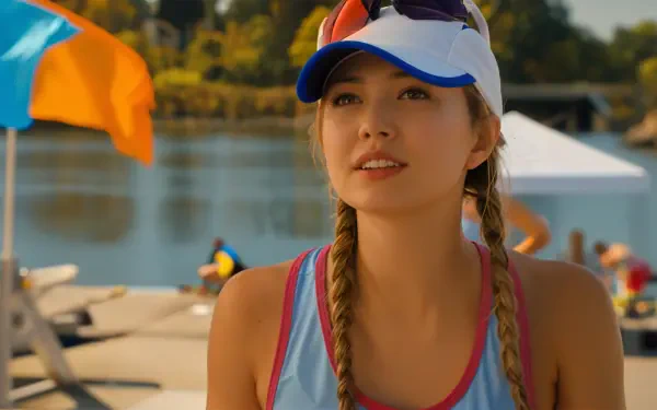 Crew girl in a cap with braided hair at a sunny beach marina, boats behind her — 4K Ultra HD PC desktop wallpaper/background, Netflix.