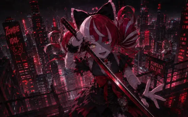 4K Ultra HD PC desktop wallpaper of Kureiji Ollie, Virtual YouTuber — a grinning zombie idol in red-black attire wielding a katana against a neon-lit dystopian city skyline.