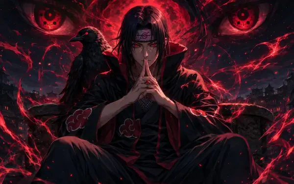 Itachi Uchiha from Naruto sits in his Akatsuki cloak, hands in a seal, Sharingan eyes blazing with crows and swirling red chakra — 4K Ultra HD PC desktop wallpaper background.