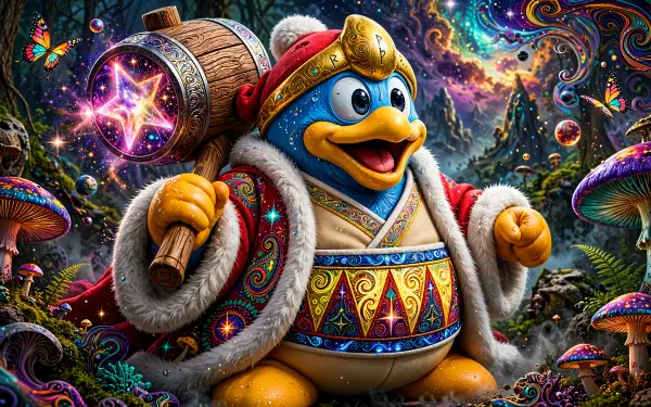 Vibrant 4K Ultra HD PC desktop wallpaper of King Dedede the duck, grinning in ornate robes and fur trim, brandishing his giant hammer amid colorful, psychedelic mushrooms and stars.